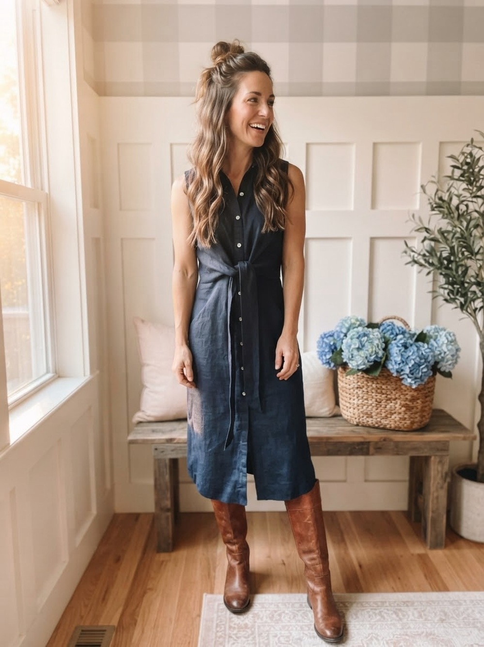 J. Jill Navy Sleeveless Button-Front Tie-Waist Midi Dress Small
